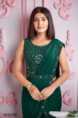 Bottle Green IMPORTED FABRIC  DHOTI PATTERN WITH MIRROR WORK+BORDER+MIRROR WORK BELT