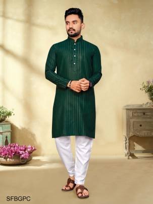 Bottle Green Pure Cotton Kurta Payjama Slub Strip Fancy Fabric With Silver Weaving Lining 