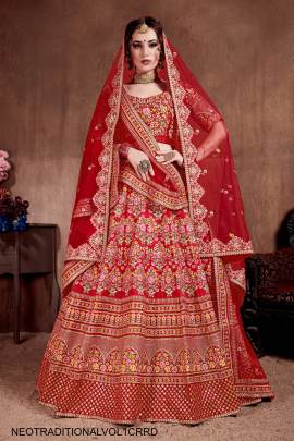 Carmine Red Mulberry Silk Lehenga Choli Neo Traditional Vol 1 by Zeel Clothing