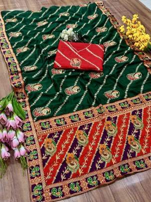  CHUNDADI - PANETAR Phantom Silk Embroidery Work With Jequqrd Diamond Work Saree In Green