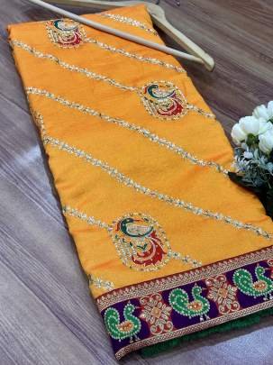 CHUNDADI - PANETAR Phantom Silk Embroidery Work With Jequqrd Diamond Work Saree In Yellow