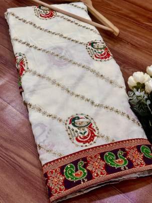 CHUNDADI - PANETAR Phantom Silk Embroidery Work With Jequqrd Diamond Work Saree In white
