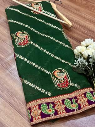 CHUNDADI - PANETAR Phantom Silk Embroidery Work With Jequqrd Diamond Work Saree In Green