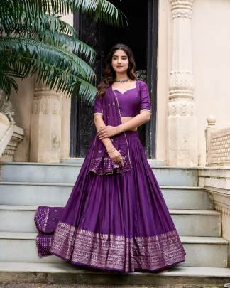 Crafted for Grace and Beauty Pure Chanderi Plain Lehenga with Intricate Zari Work Border, Accompanied by Sequin Embellished Dupatta 