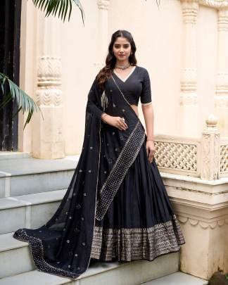 Crafted for Grace and Beauty Pure Chanderi Plain Lehenga with Intricate Zari Work Border, Accompanied by Sequin Embellished Dupatta 