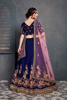 Dark Blue Taffeta Satin Silk Lehenga Choli From Roohbab by Zeel Clothing