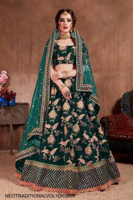 Dark Green Mulberry Silk Lehenga Choli Neo Traditional Vol 1 by Zeel Clothing