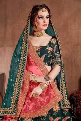 Dark Green Mulberry Silk Lehenga Choli Neo Traditional Vol 1 by Zeel Clothing