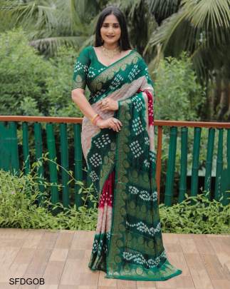 Dark Green Original Bandhej with Zari Weaving Border With Zari Weaving Rich Pallu