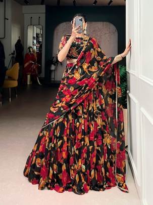 Drape yourself in vibrant floral marble prints that flow with every twirl and celebrate timeless traditional elegance  LNB1145BLK