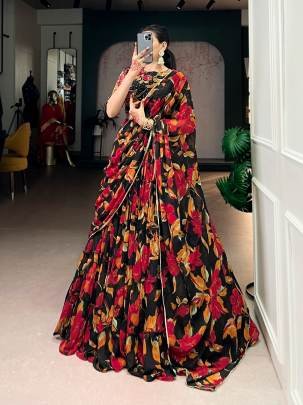 Drape yourself in vibrant floral marble prints that flow with every twirl and celebrate timeless traditional elegance  LNB1145BLK