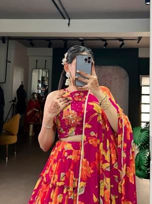 Drape yourself in vibrant floral marble prints that flow with every twirl and celebrate timeless traditional elegance  LNB1145PNK