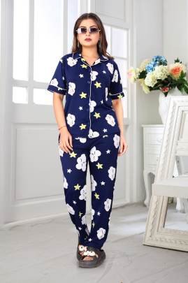Emerald Heart Night Suit Navy Blue  By Surati Fabric