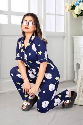 Emerald Heart Night Suit Navy Blue  By Surati Fabric