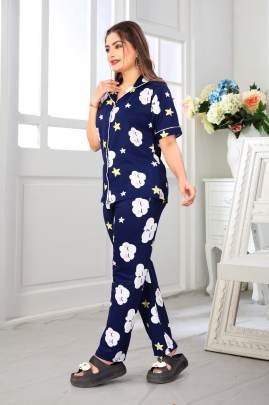 Emerald Heart Night Suit Navy Blue  By Surati Fabric