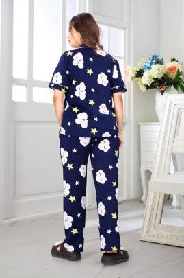 Emerald Heart Night Suit Navy Blue  By Surati Fabric