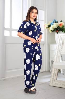Emerald Heart Night Suit Navy Blue  By Surati Fabric