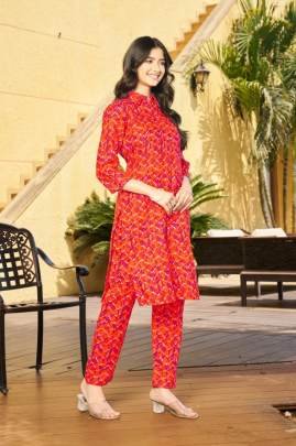 Ethnic Bloom  Trendy Orange Printed Daily Office Wear Long Kurti With Pant For Comfort & Casual Look