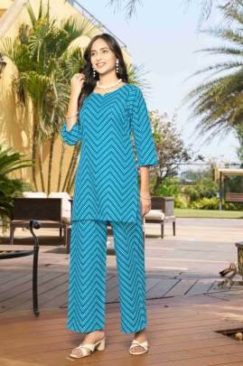 Ethnic Bloom Trendy Sky Blue Printed Daily Office Wear Long Kurti With Pant For Comfort & Casual Look