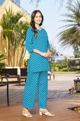 Ethnic Bloom Trendy Sky Blue Printed Daily Office Wear Long Kurti With Pant For Comfort & Casual Look