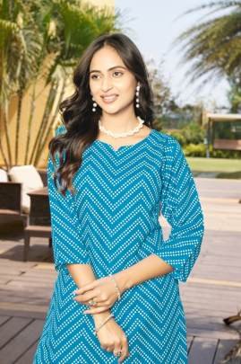Ethnic Bloom Trendy Sky Blue Printed Daily Office Wear Long Kurti With Pant For Comfort & Casual Look