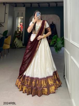 Experience Timeless Tradition: Kalyani Cotton Maroon Lehenga Choli Paired with Flowing Georgette Dupatta LNB2047RBL