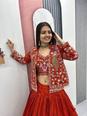 Festival Special Crop Top Set Lehangha In Red Colour