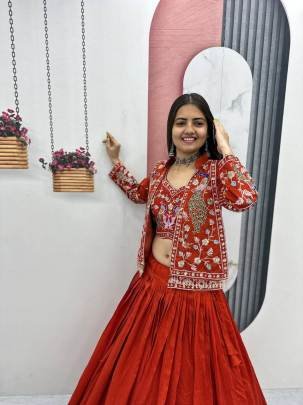 Festival Special Crop Top Set Lehangha In Red Colour