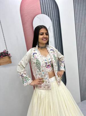 Festival Special Crop Top Set Lehangha In White Colour