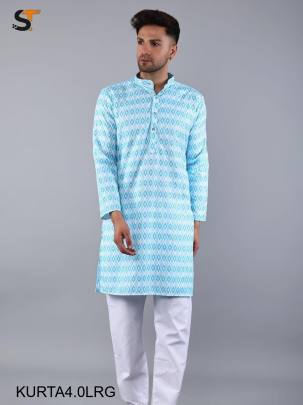 Festival Special Light Rama Green Print Kurta Pyjama For Men