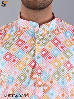 Festival Special Orange Print Kurta Pyjama For Men