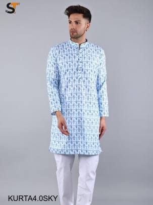 Festival Special Sky Blue Print Kurta Pyjama For Men