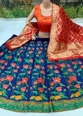 flower weaving desing Brocade  fabric Blue & Red colour lehengha with inner , cancan & canvas