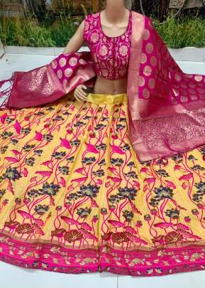 flower weaving desing Brocade  fabric Yellow & Pink  colour lehengha with inner , cancan & canvas