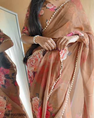 Georgette Printed Sari with Pearl Lace Border in Brown