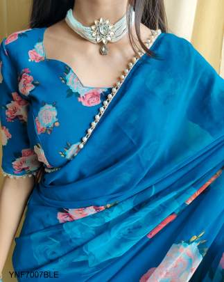Georgette Printed Sari with Pearl Lace Border in Blue