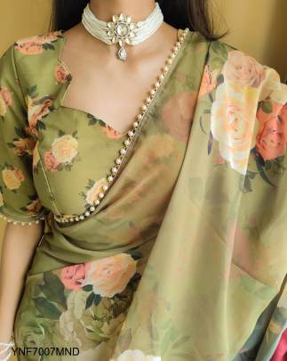 Georgette Printed Sari with Pearl Lace Border in Mehendi
