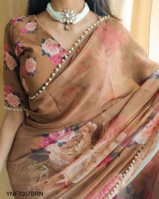 Georgette Printed Sari with Pearl Lace Border in Brown