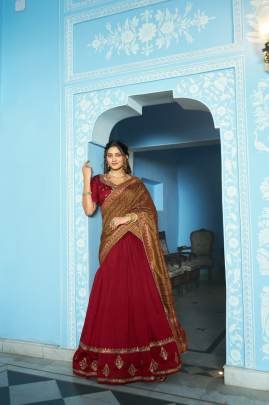 Grace that speaks for itself  Crafted in luxurious Vichitra silk, this lehenga brings a refined and royal touch to your festive wardrobe.