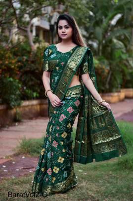 Green Block Print Bandhani Saree BaratVol2