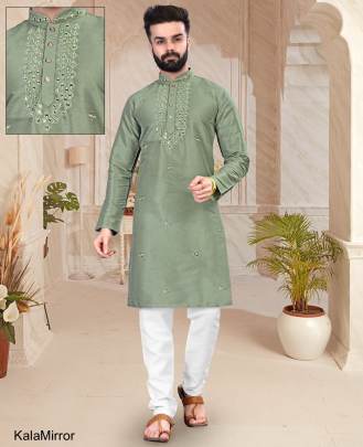 Green Color Kala Mirror Work Vol 1 Mens Traditional Kurta Payjama