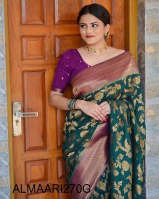 Green Color Soft Banarasi Silk Saree With Purple Heavy Brocade Blouse 