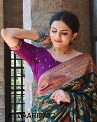 Green Color Soft Banarasi Silk Saree With Purple Heavy Brocade Blouse 