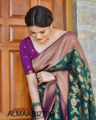 Green Color Soft Banarasi Silk Saree With Purple Heavy Brocade Blouse