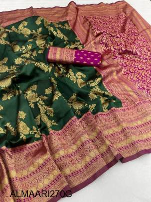 Green Color Soft Banarasi Silk Saree With Purple Heavy Brocade Blouse