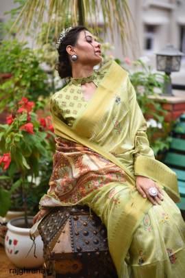 Green Color Tussar Silk Saree With Uunique Slub Weaving Pattern Catalog