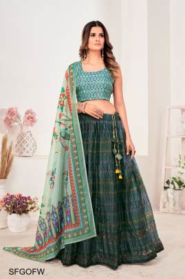 Green Organza Fabric With Print Work