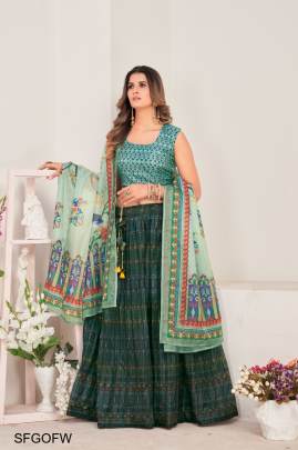 Green Organza Fabric With Print Work