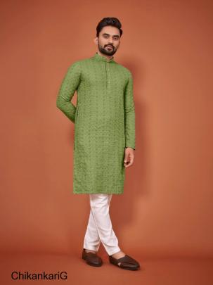 Green Prasang Luckhnowi Chikankari Men's Kurta Payjama