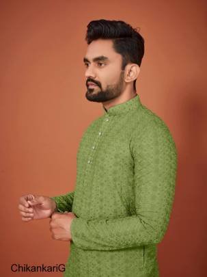 Green Prasang Luckhnowi Chikankari Men's Kurta Payjama